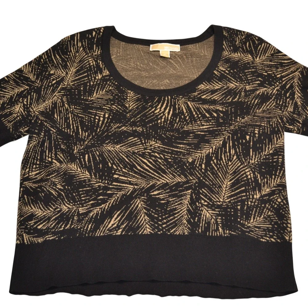 Michael Kors Womens XL Black Gold Palm Leaf Knit Short Sleeve Scoop Neck Sweater